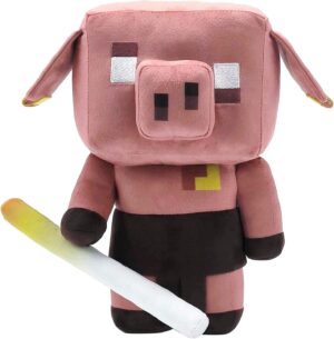 Peluche Minecraft Cochon Piglin Grognon avec bâton de Blaze phosphorescent 14 cm