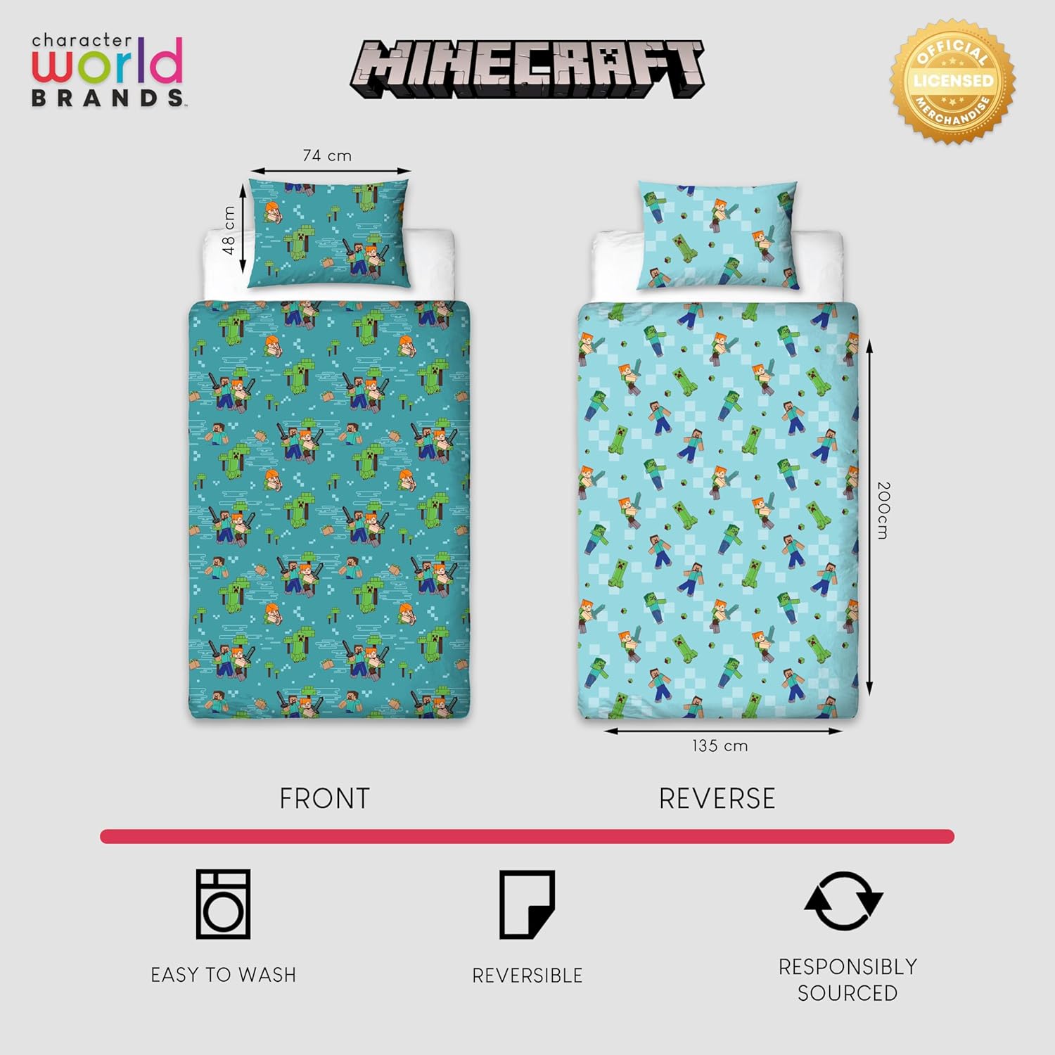 Parure de lit simple réversible Minecraft Movie avec taie – Image 4