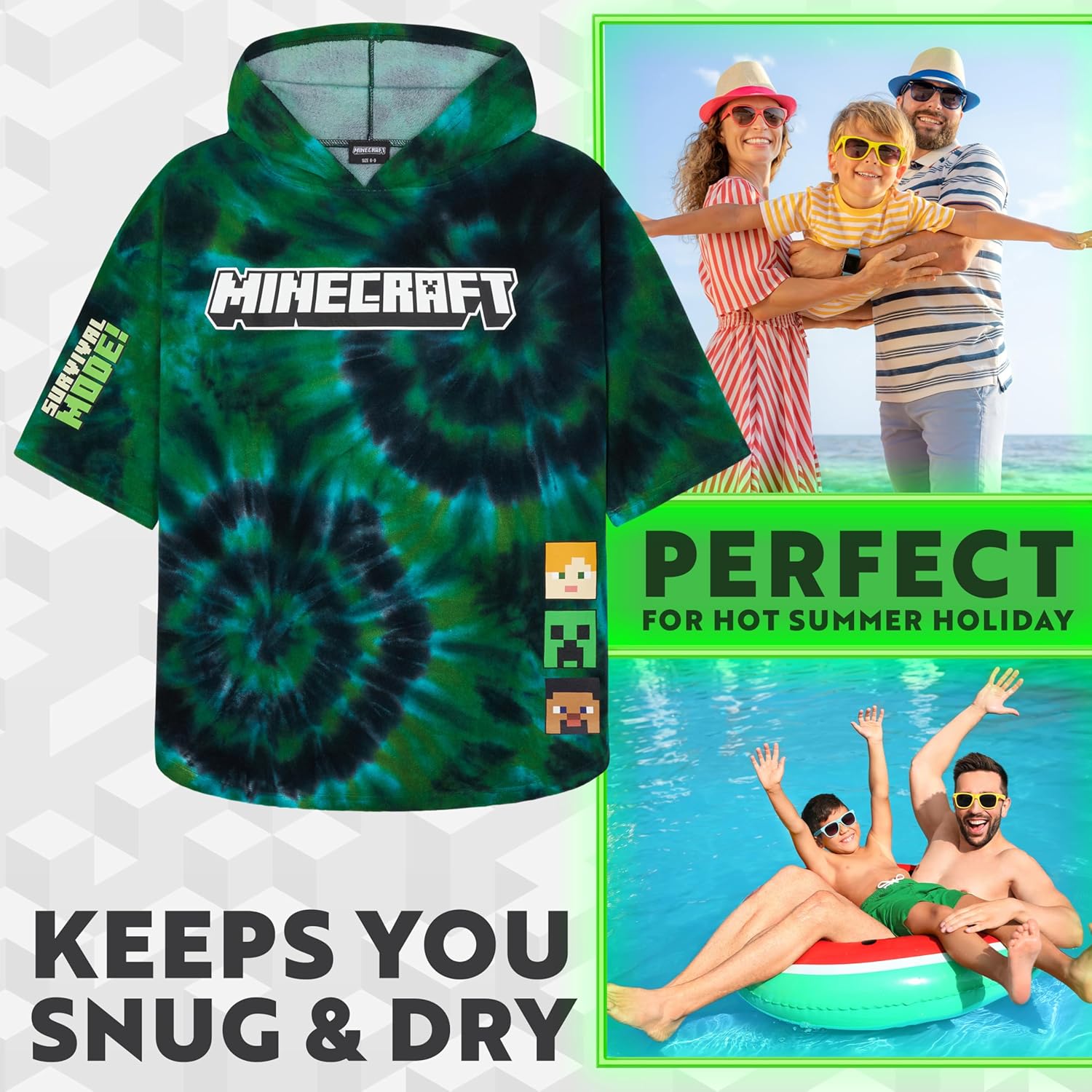 Poncho de bain à capuche Minecraft Creeper Multi Tie Dye – Image 2
