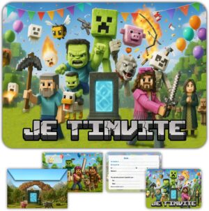 Cartes d’invitation Minecraft Le Film x 12 avec enveloppes assorties