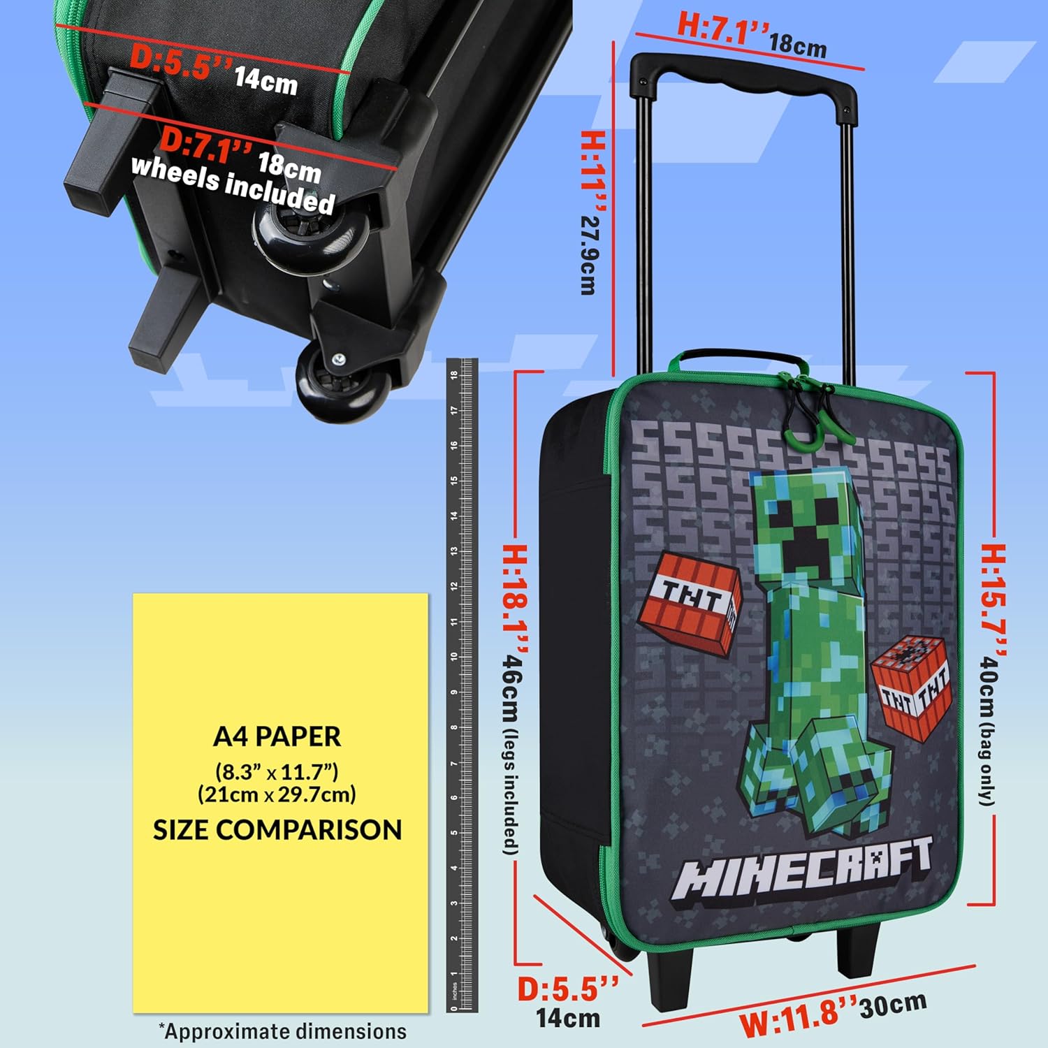 Valise trolley Minecraft Creeper enfant pliable noire – Image 2