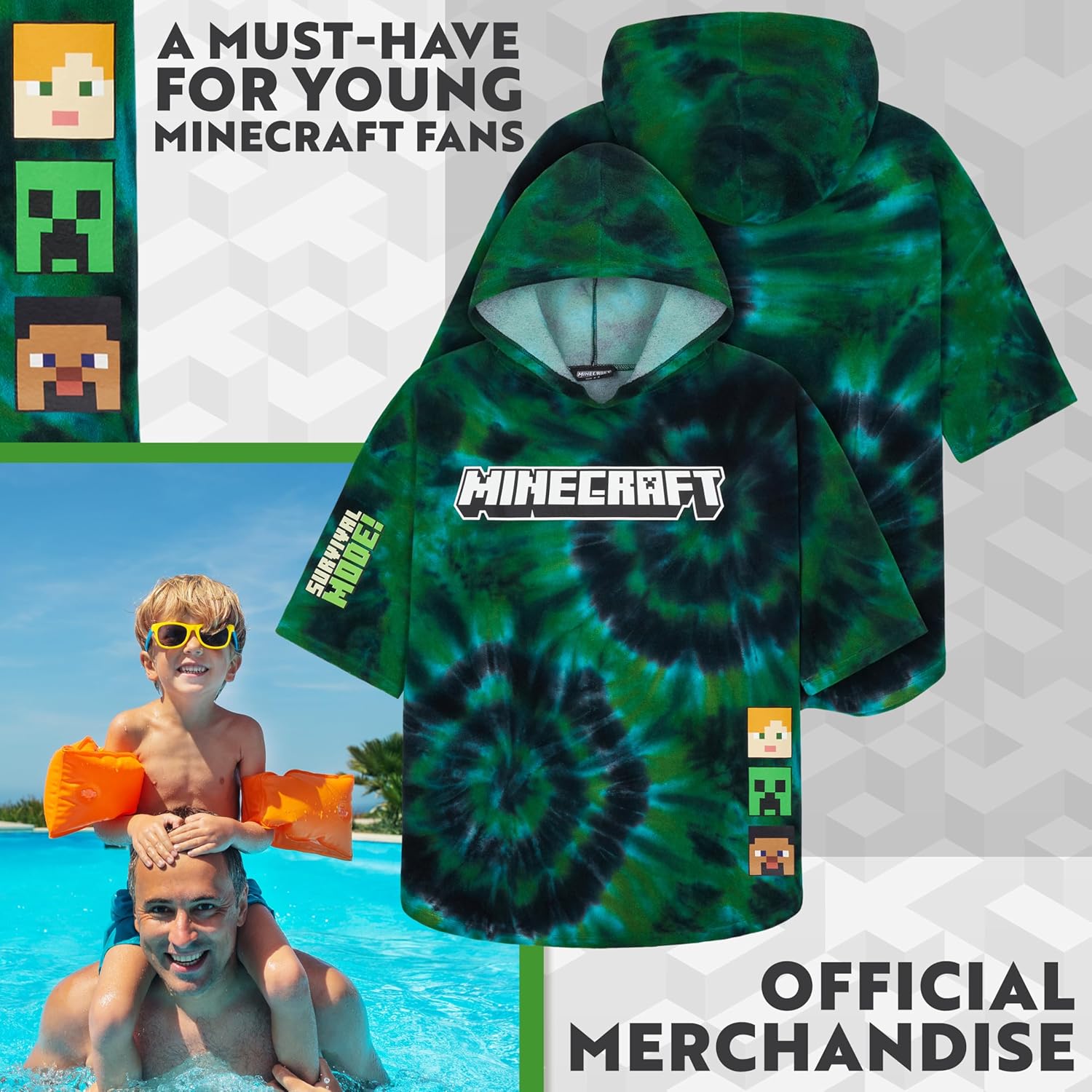Poncho de bain à capuche Minecraft Creeper Multi Tie Dye – Image 3