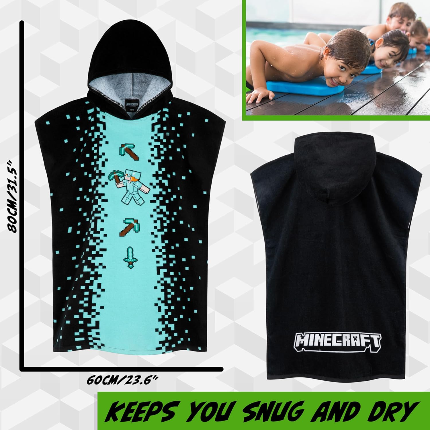 Poncho de bain à capuche Minecraft Creeper pour enfant et ado noir/bleu – Image 6