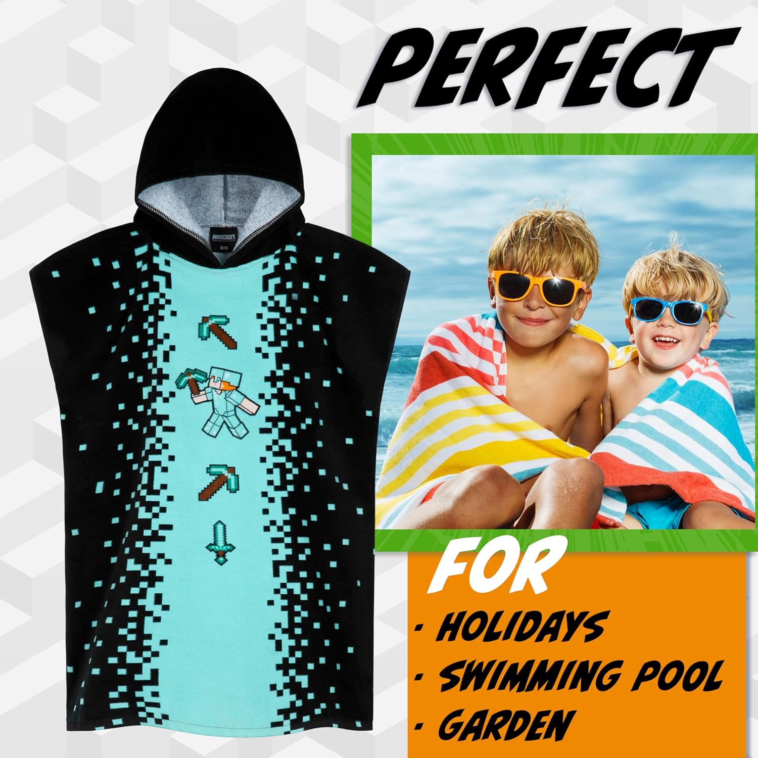 Poncho de bain à capuche Minecraft Creeper pour enfant et ado noir/bleu – Image 2