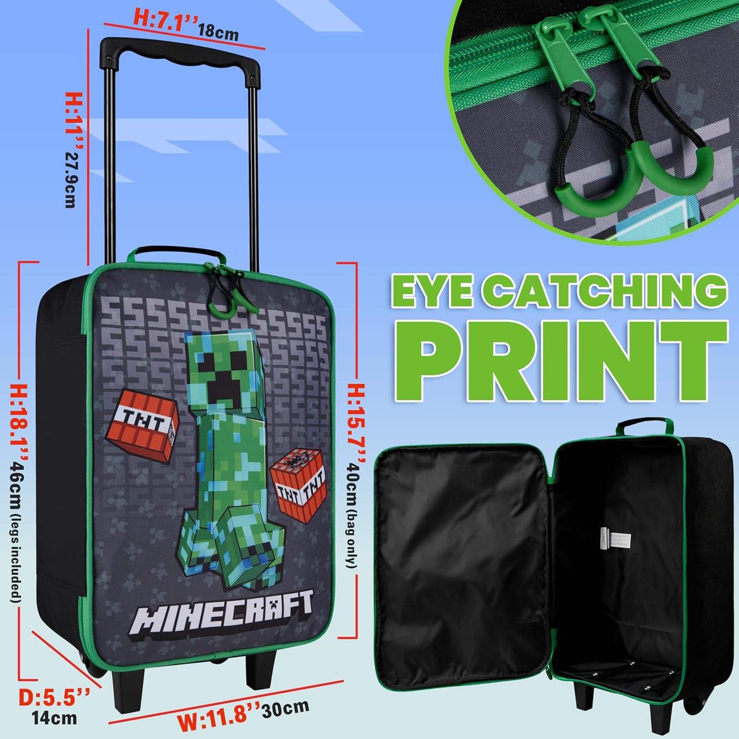 Valise trolley Minecraft Creeper enfant pliable noire – Image 6