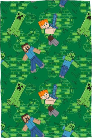 Plaid polaire Minecraft vert 100 x 150cm avec Alex, Steve, Creepers et zombies