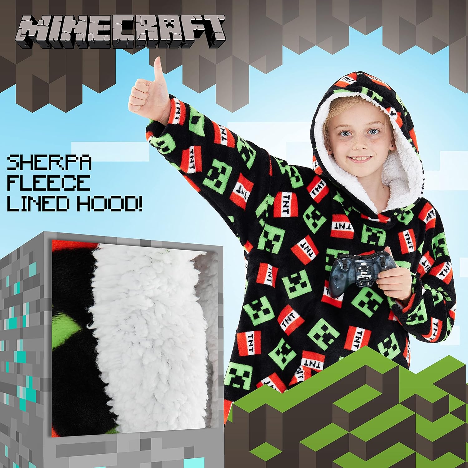 Sweat plaid à capuche Minecraft enfant en polaire, taille unique – Image 4