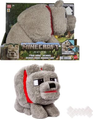 Peluche Minecraft Dennis le Loup avec os et sons de mastication