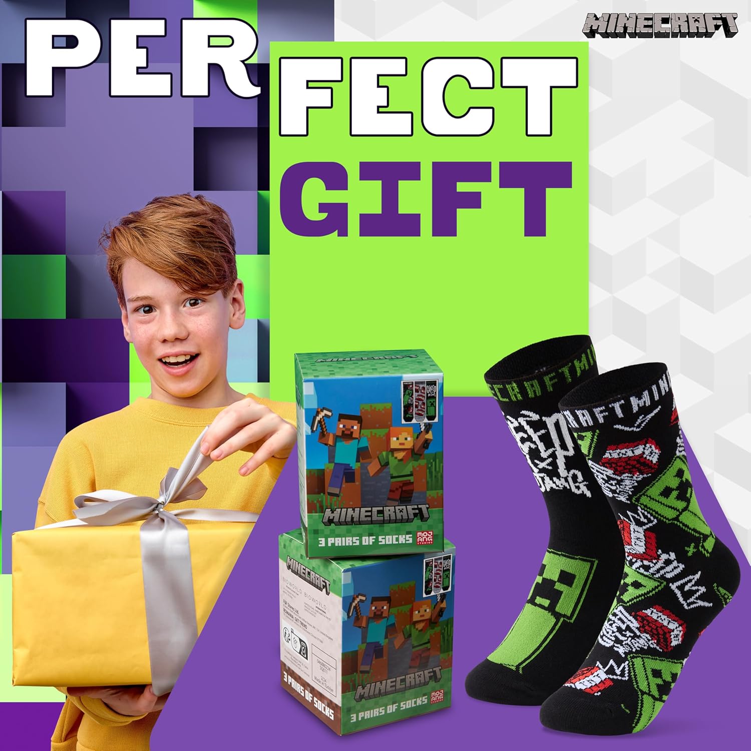 Chaussettes enfant Minecraft en coton, lot fantaisie tailles 31-36 et 37-40 – Image 3