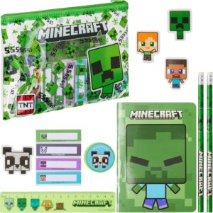 Kit de papeterie Minecraft vert avec trousse scolaire