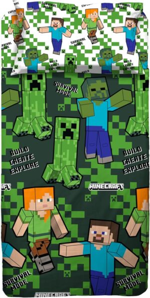 Parure de lit Minecraft verte en coton 100% pour lit simple