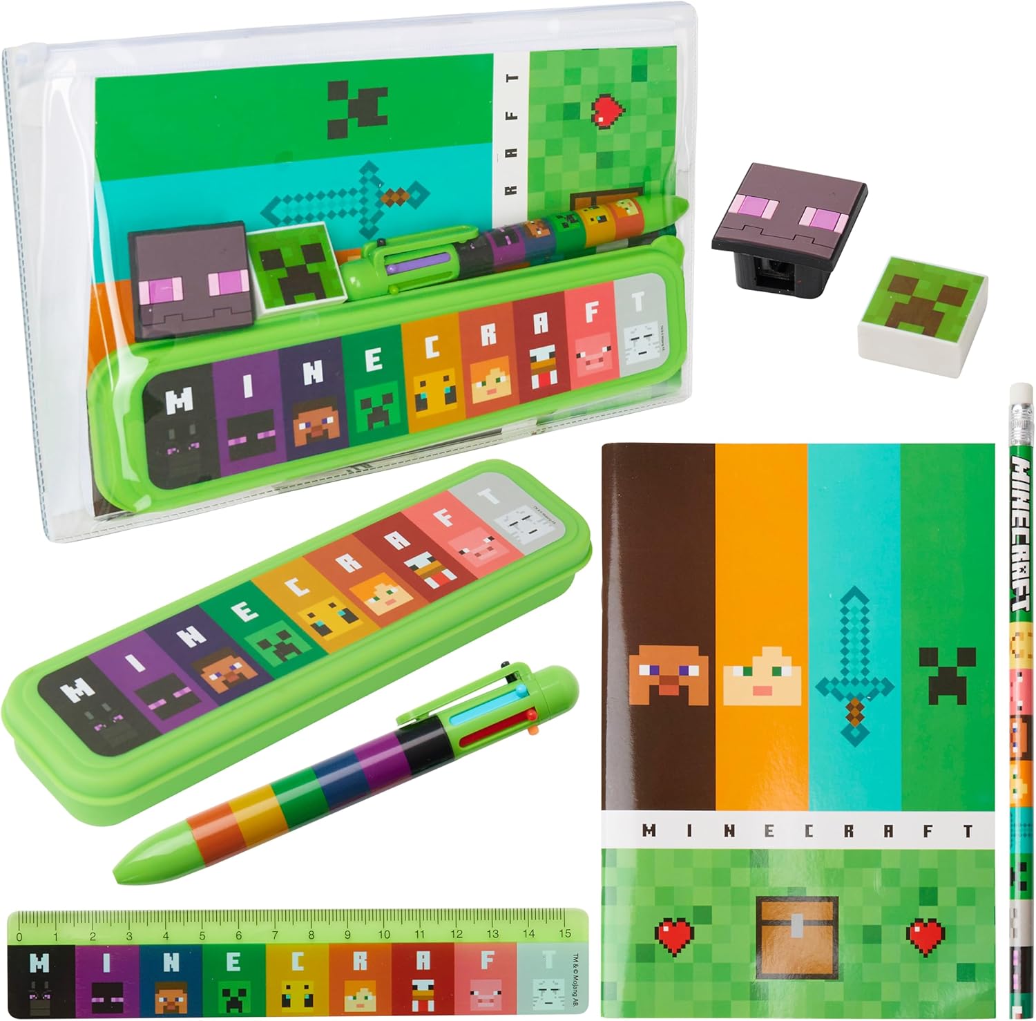 Kit de papeterie Minecraft avec trousse, Vert/Multi