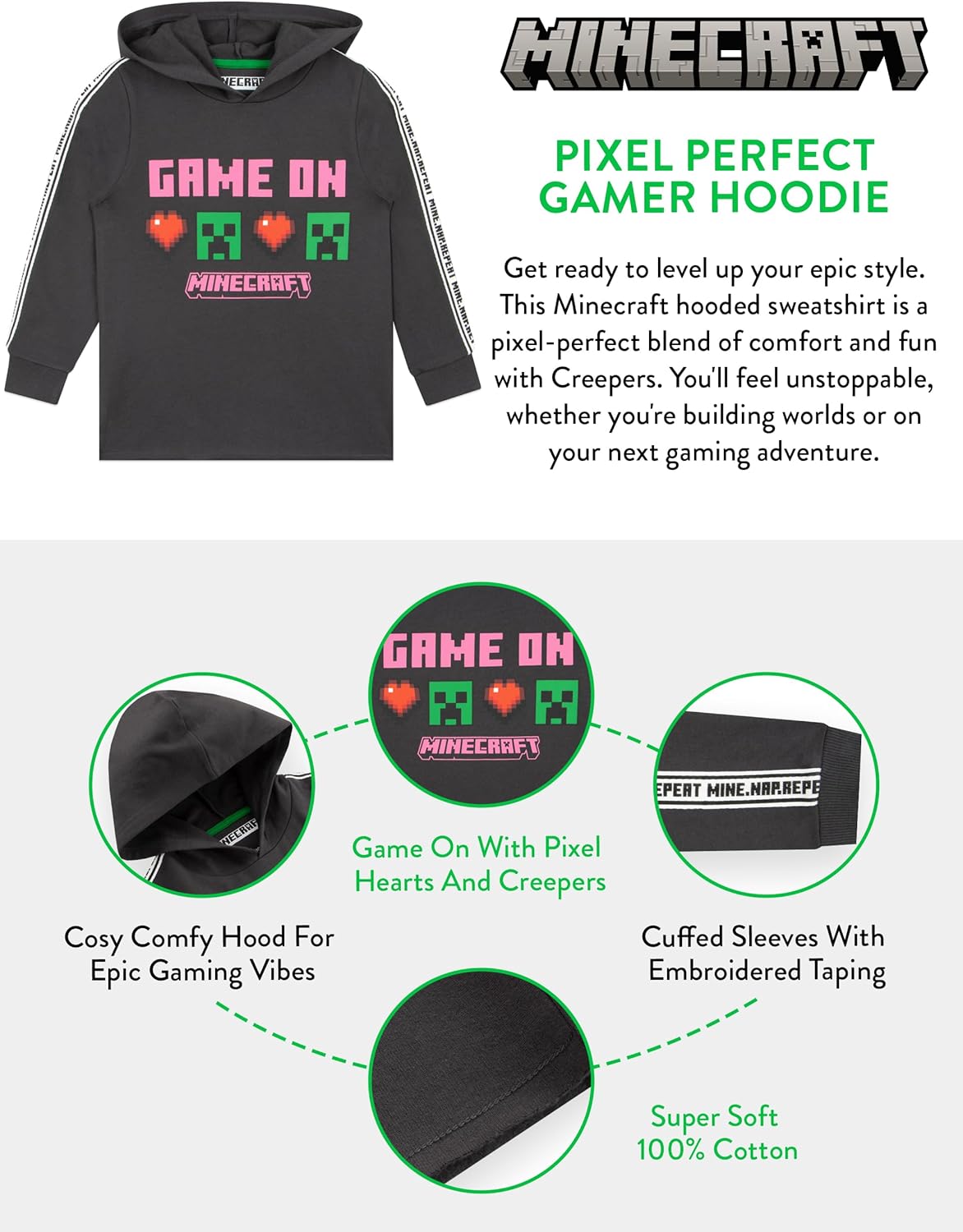 Sweat à capuche Minecraft Creeper enfant Game On – Image 5
