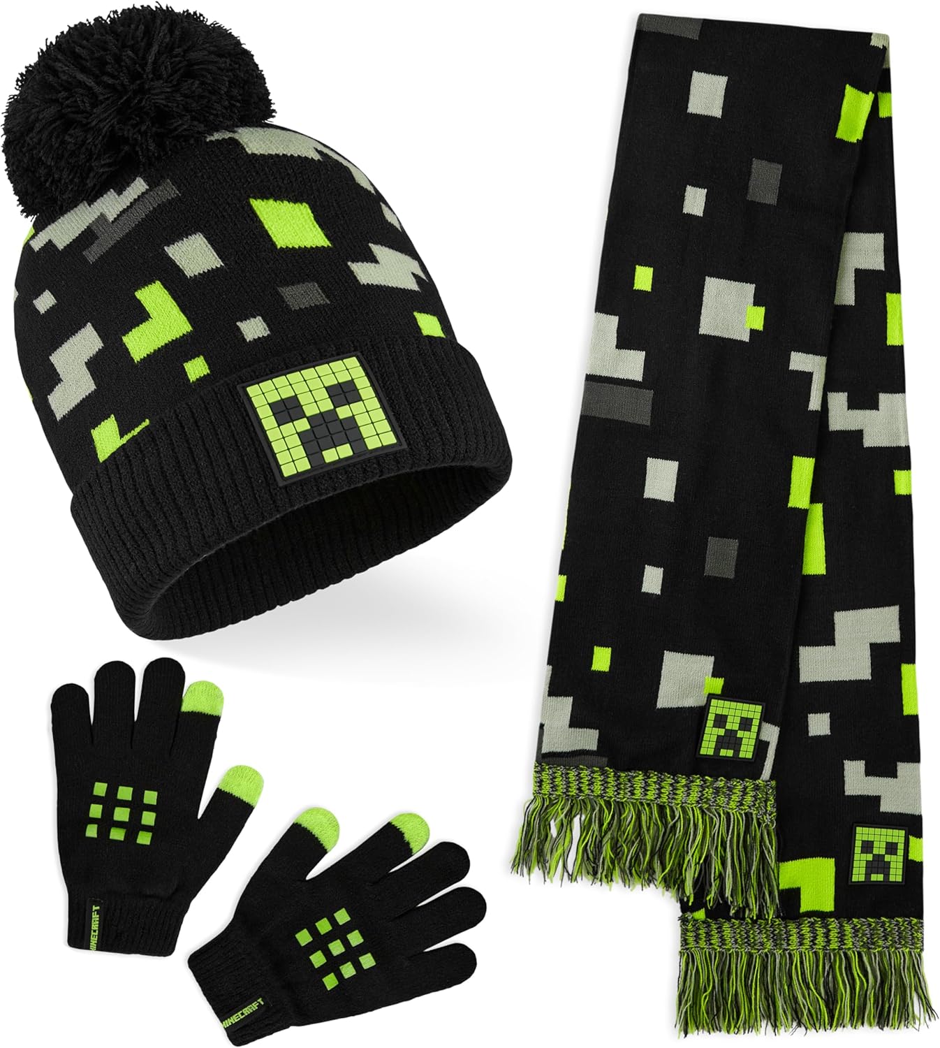 Minecraft set hiver enfant bonnet, gants et écharpe ou bob