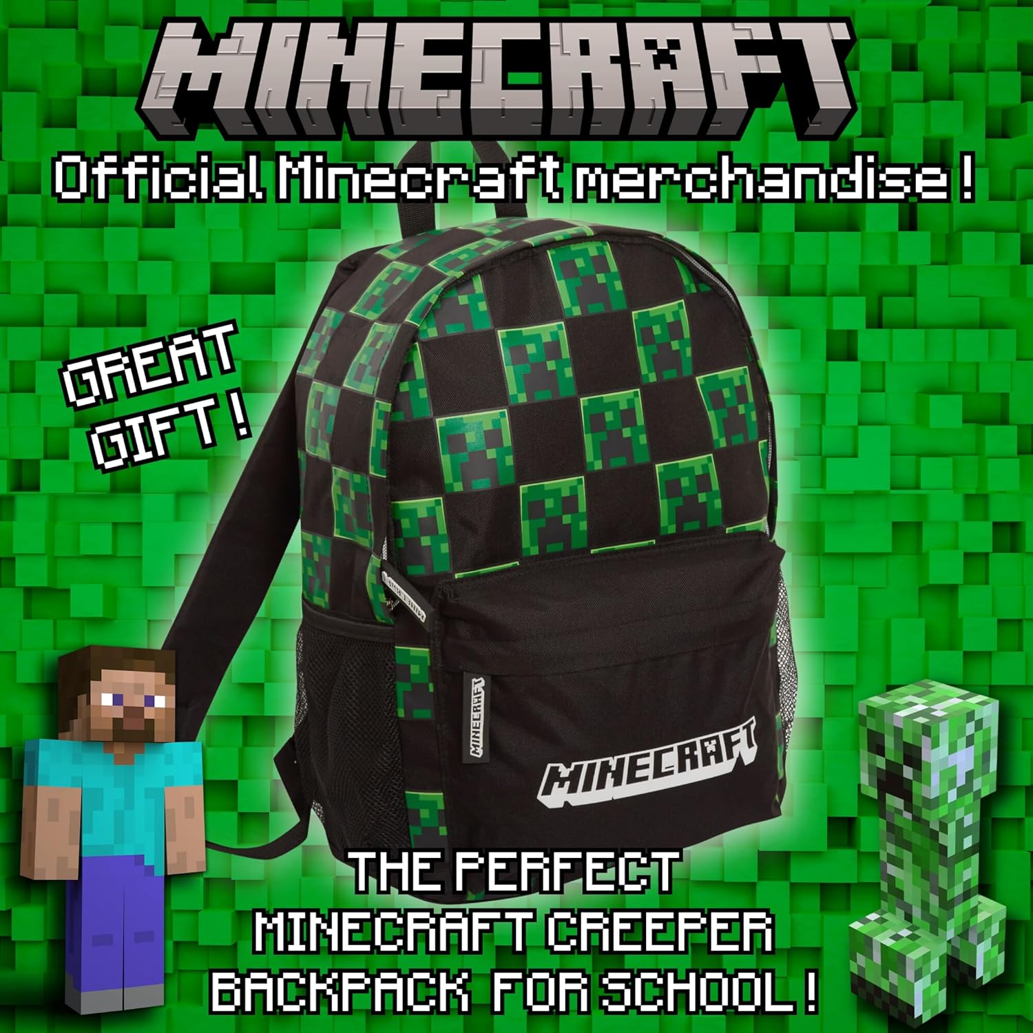 Sac à dos Minecraft Creeper noir pour enfants, adultes et ordinateur portable – Image 2