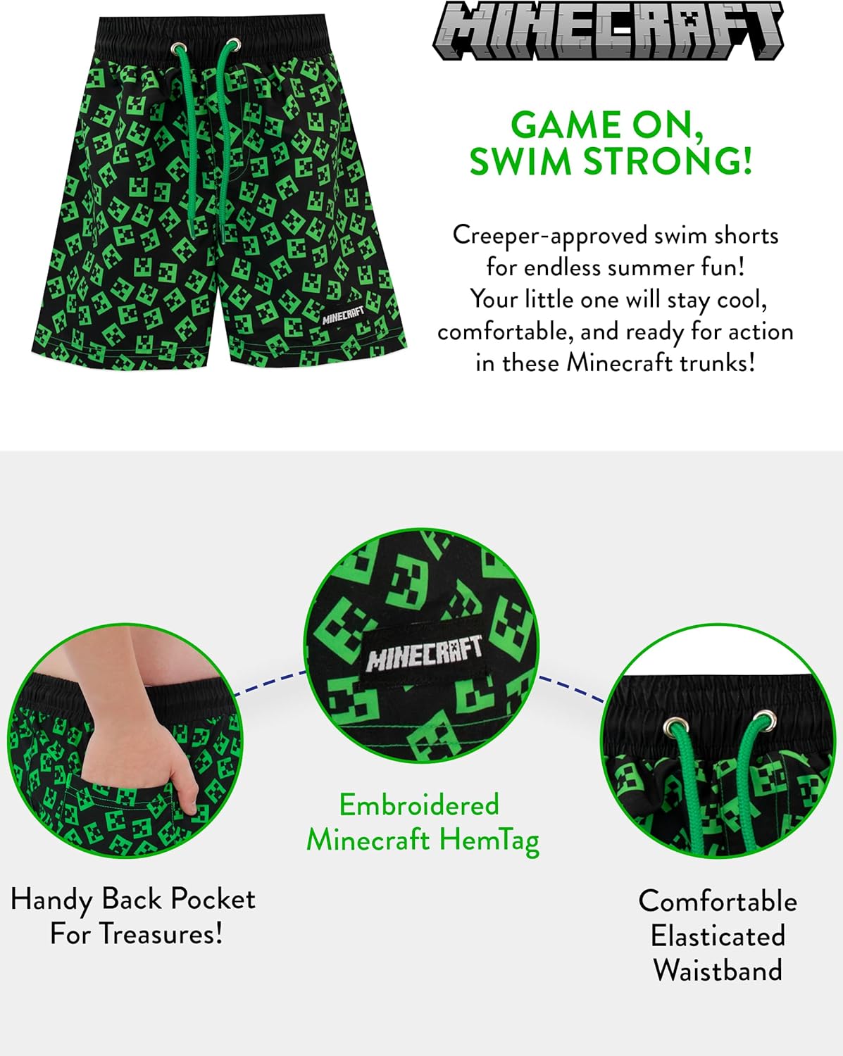 Short de bain Creeper noir Minecraft pour garçon – Image 6