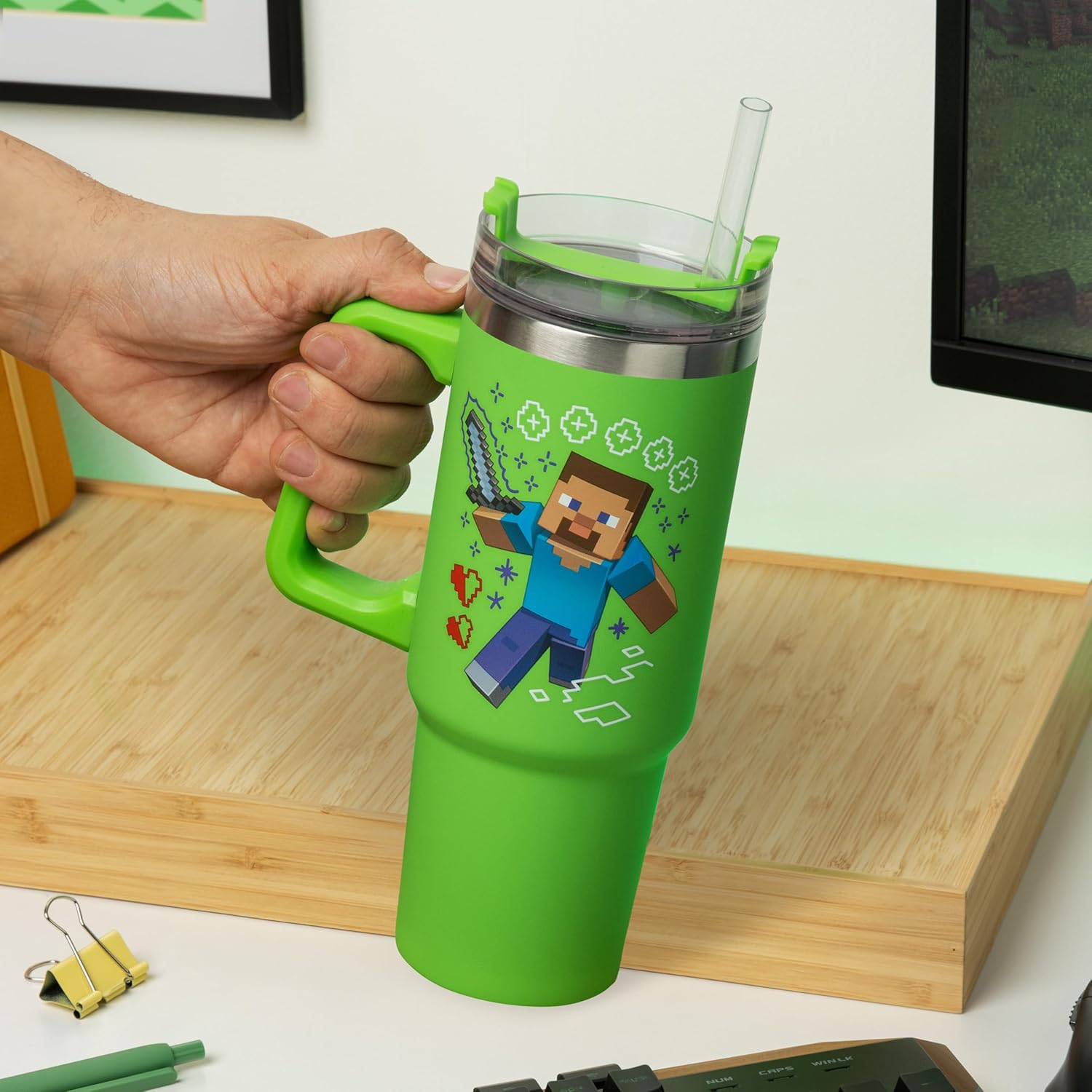 Gobelet isotherme Minecraft Steve & Creeper vert 900 avec paille et poignée – Image 2