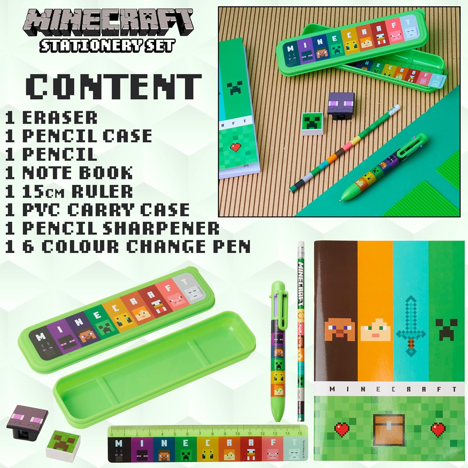 Kit de papeterie Minecraft avec trousse, Vert/Multi – Image 6