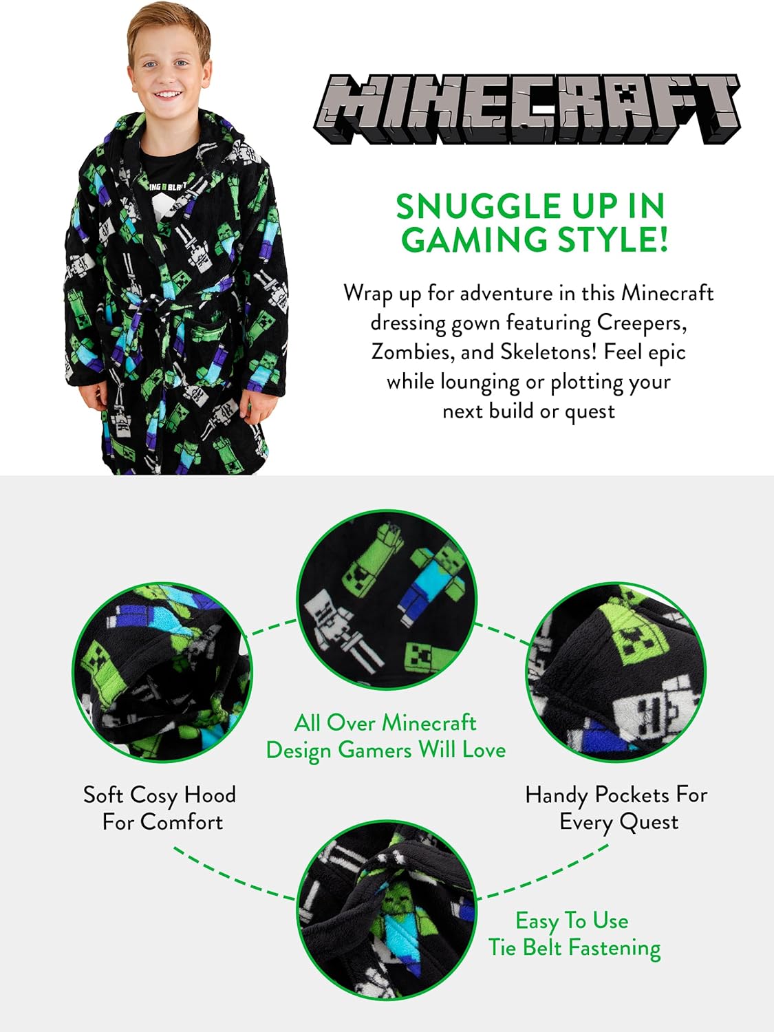 Robe de chambre garçon Minecraft Creeper, peignoir de nuit 5 à 13 ans – Image 5