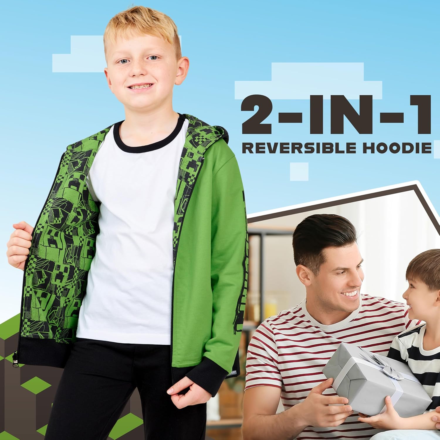 Hoodie zippé réversible Minecraft garçon à capuche 5-14 ans – Image 2