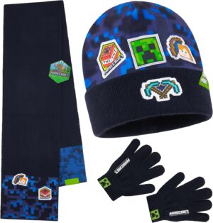 Set d'hiver enfant Minecraft 3 pièces bleu avec bonnet, foulard et gants