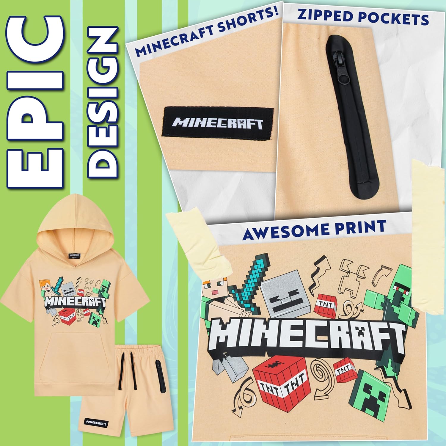 Ensemble Minecraft Creeper avec sweat à capuche et short – Image 4