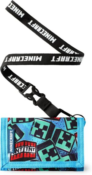 Portefeuille triptyque Minecraft bleu Creeper TNT avec sangle
