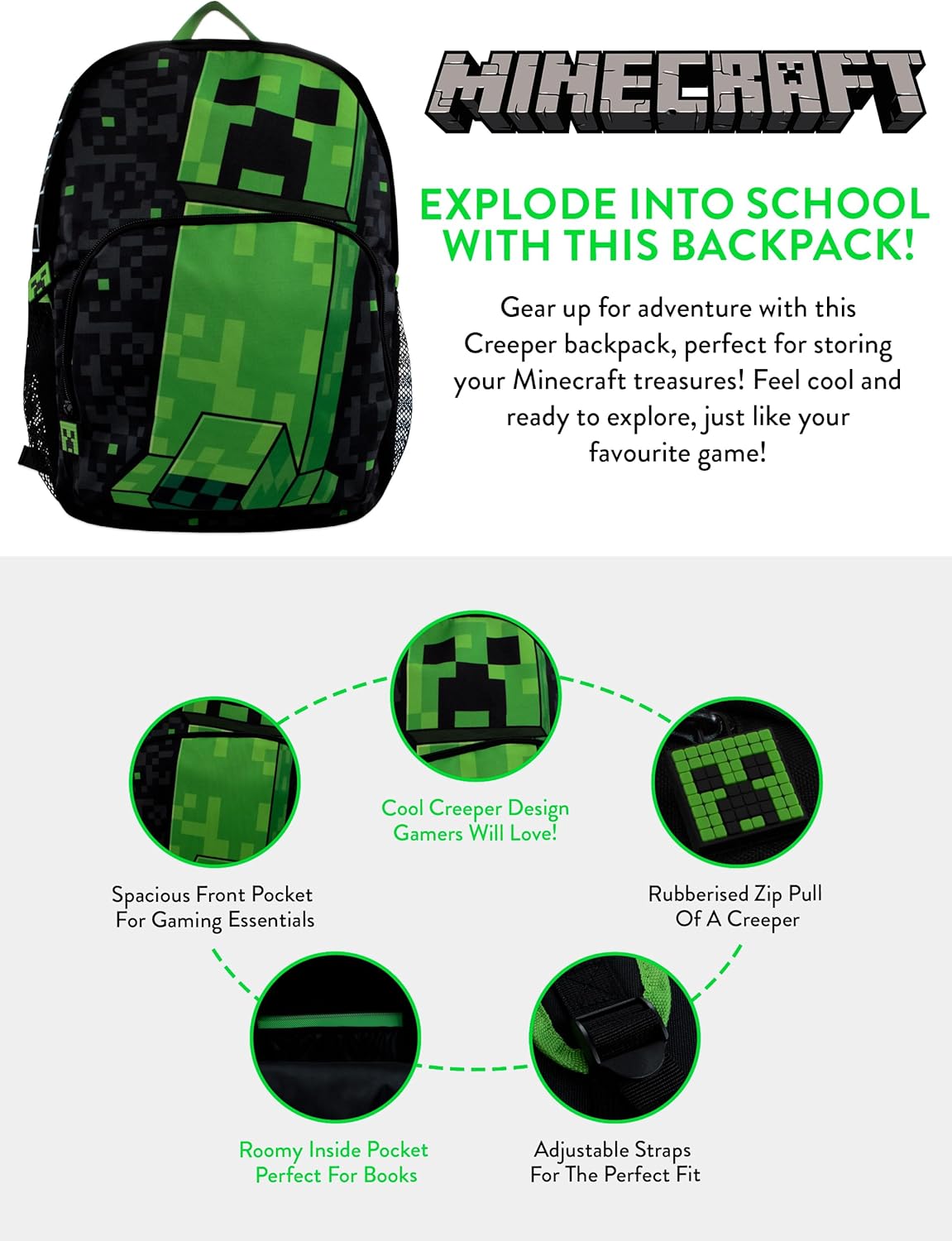 Sac à dos Minecraft enfant noir avec Creeper pixelisé – Image 8