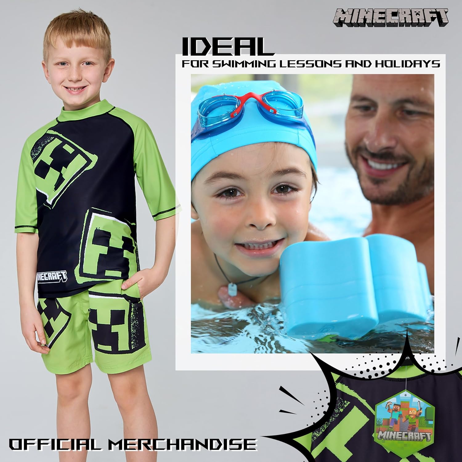 Ensemble de bain Minecraft enfant 2 pièces avec t-shirt manches courtes et short garçon – Image 4