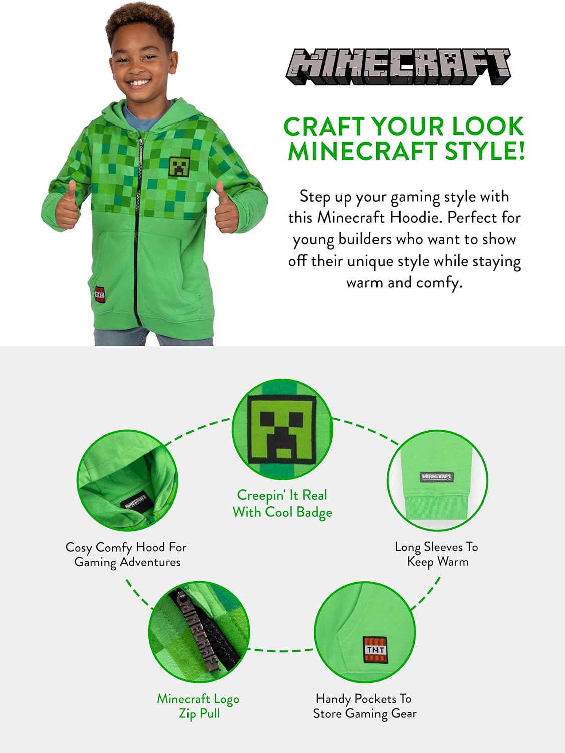 Sweat zippé à capuche Minecraft garçon en 100 % coton – Image 7
