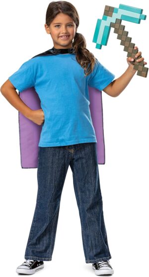 Set Minecraft enfant avec cape multicolore et pioche