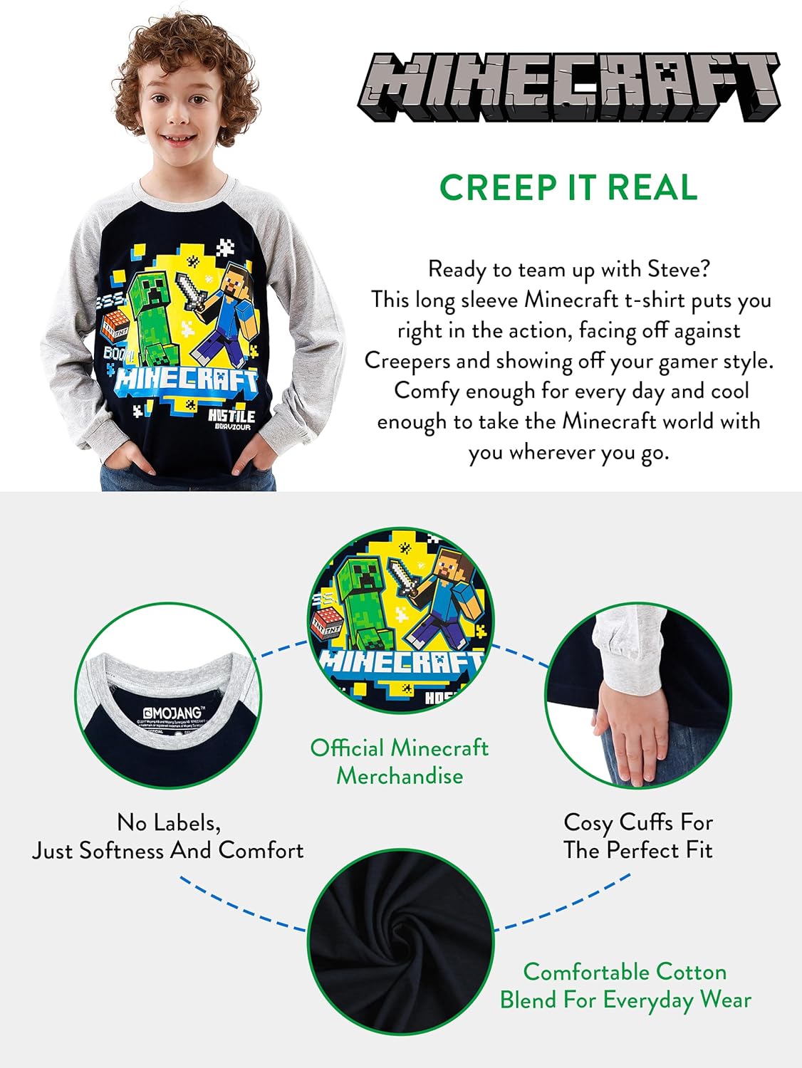 T-shirt Minecraft garçon à manches longues Creeper et Steve – Image 7