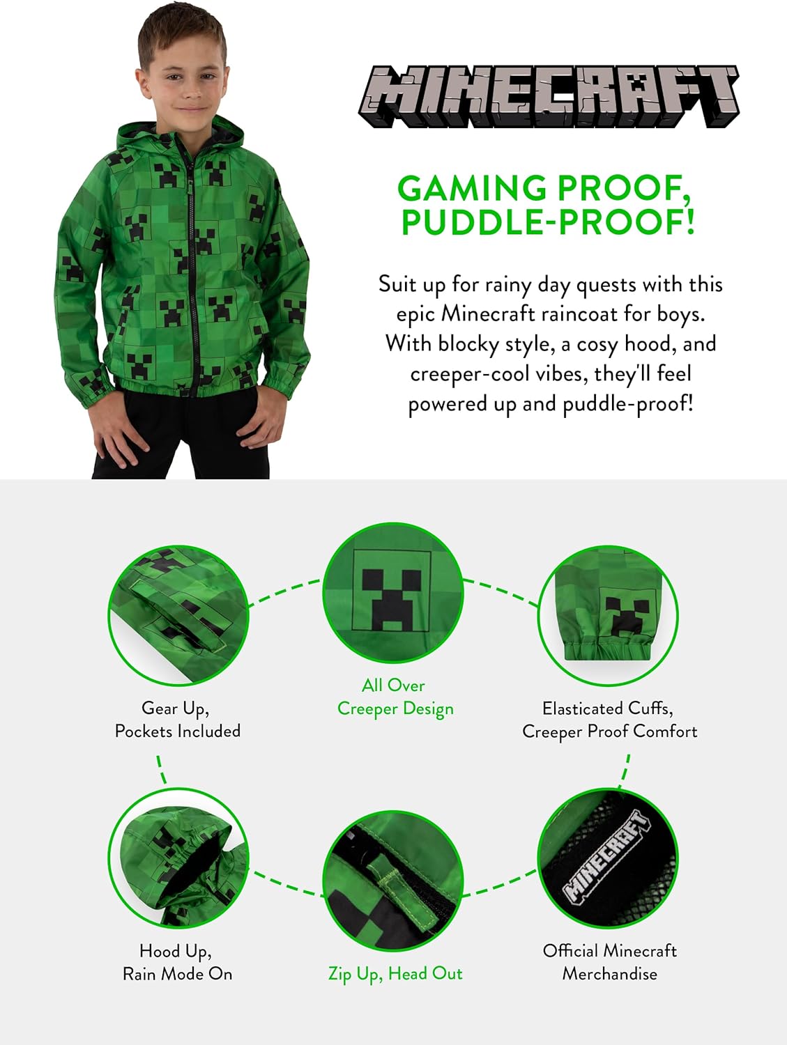 Manteau imperméable Minecraft Creeper pour enfant – Image 6