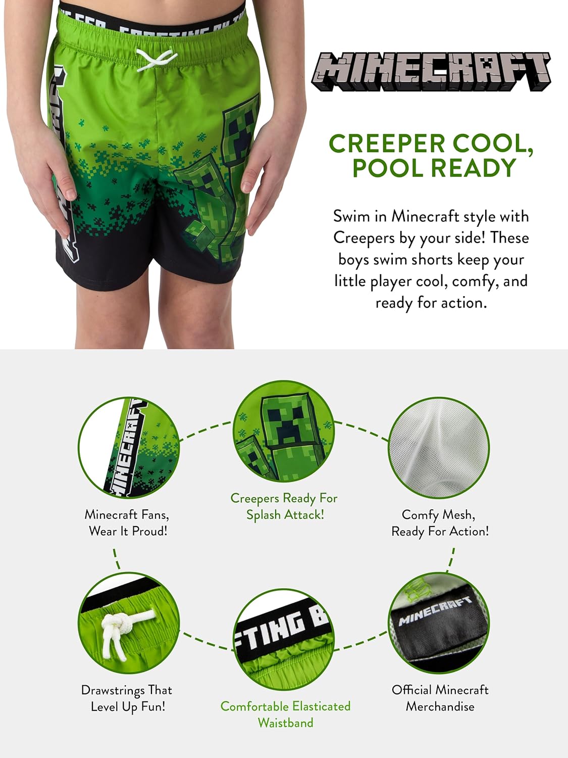 Short de bain Minecraft Creeper pour garçon – Image 7