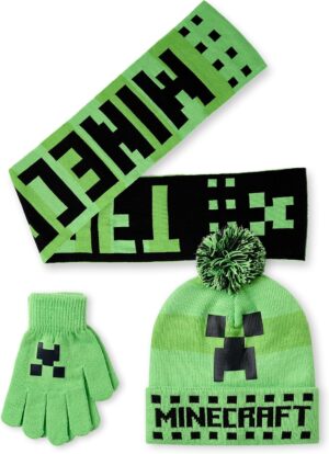 Ensemble hiver Minecraft Creeper avec bonnet à pompon, gants et écharpe enfant