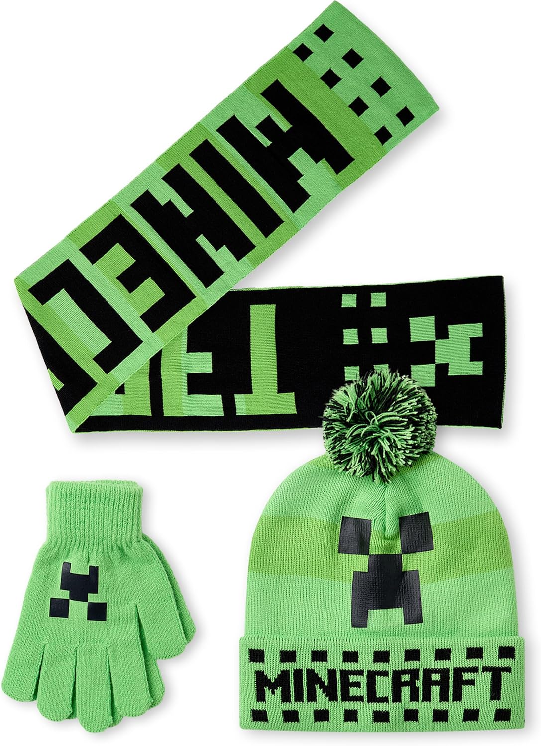 Ensemble hiver Minecraft Creeper avec bonnet à pompon, gants et écharpe enfant