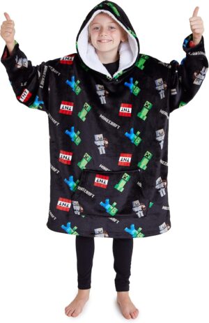 Poncho plaid à capuche Minecraft Creeper oversize noir, taille unique