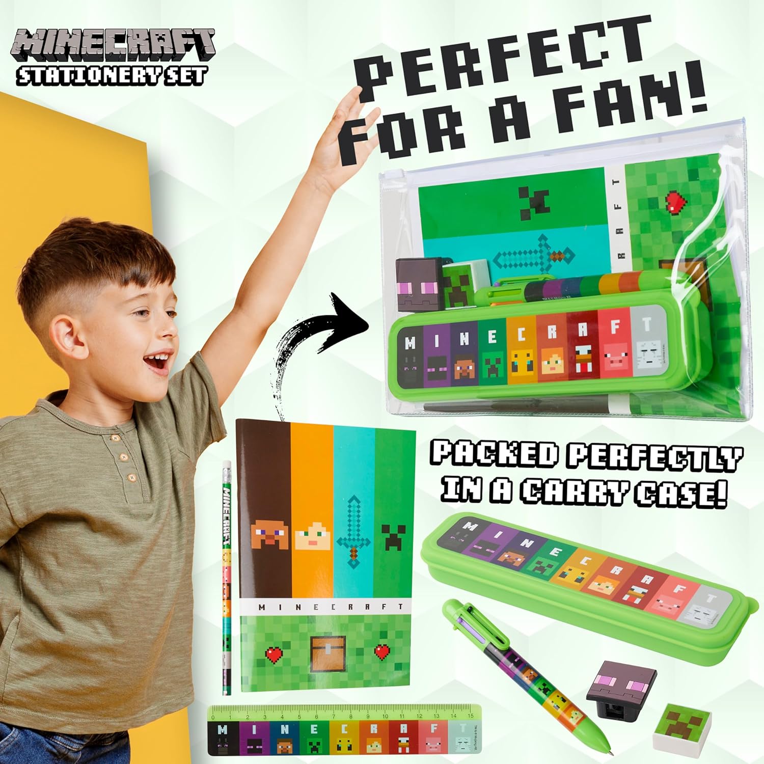 Kit de papeterie Minecraft avec trousse, Vert/Multi – Image 3