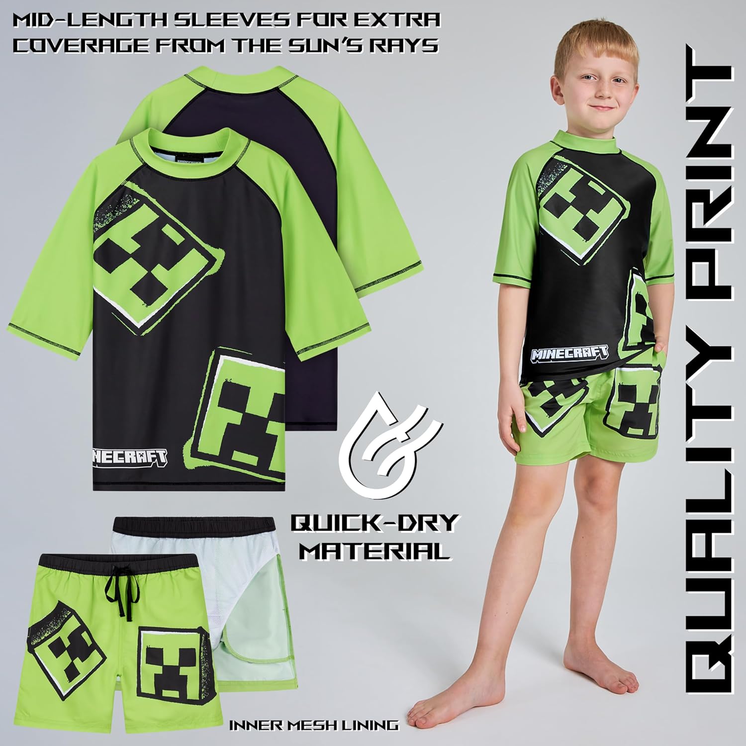 Ensemble de bain Minecraft enfant 2 pièces avec t-shirt manches courtes et short garçon – Image 3