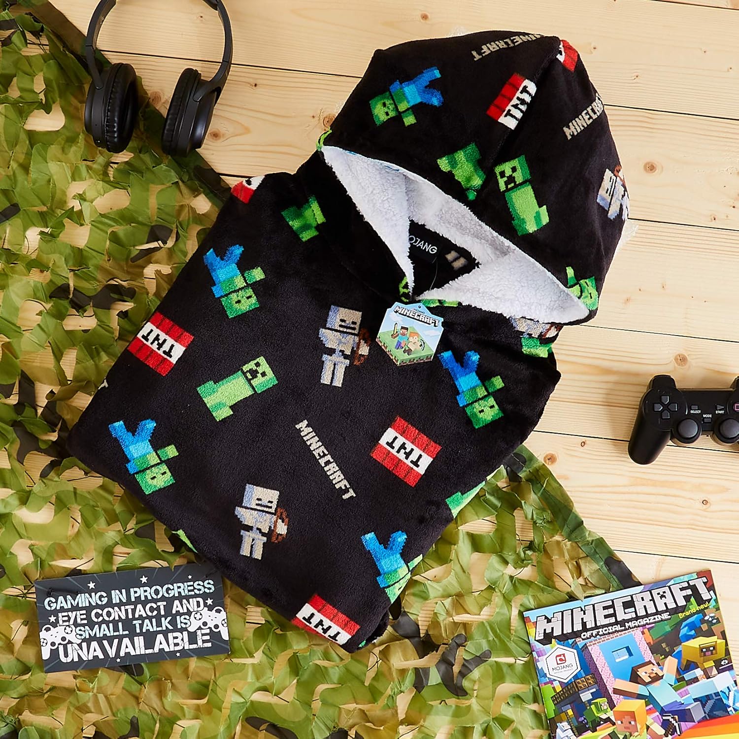 Poncho plaid à capuche Minecraft Creeper oversize noir, taille unique – Image 3