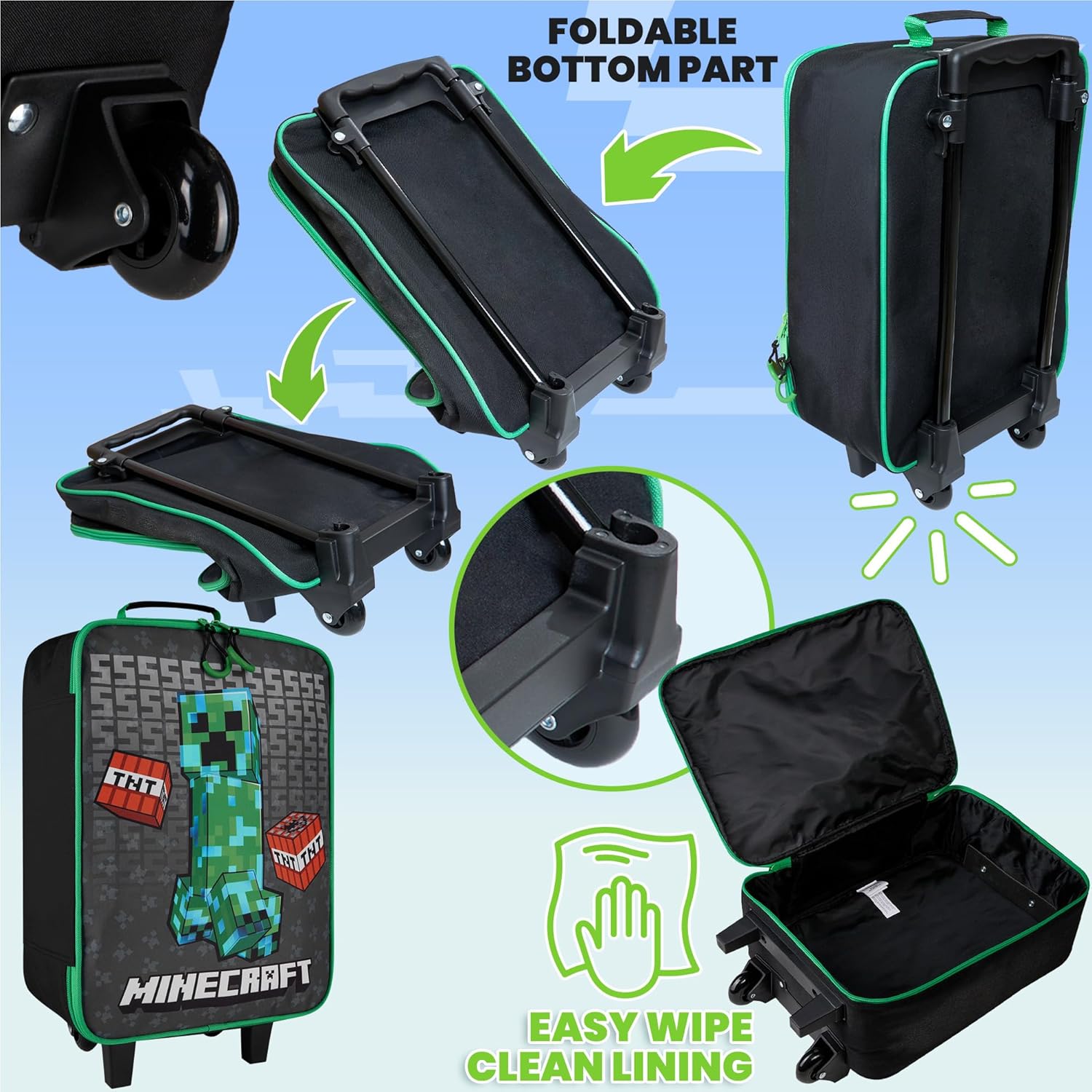 Valise trolley Minecraft Creeper enfant pliable noire – Image 4