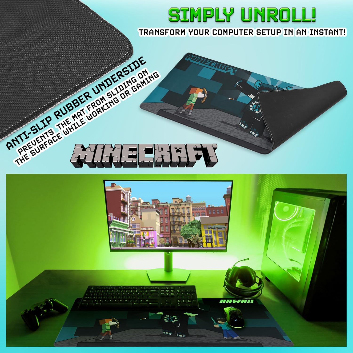 Tapis de bureau antidérapant Minecraft bleu 80 x 35 cm – Image 4