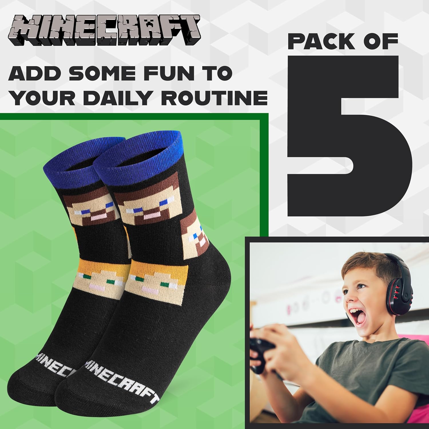 Lot de chaussettes garçon Minecraft, tailles 31-36 et 37-40 – Image 2