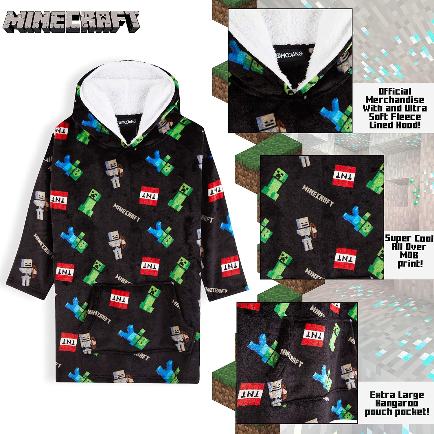 Poncho plaid à capuche Minecraft Creeper oversize noir, taille unique – Image 4