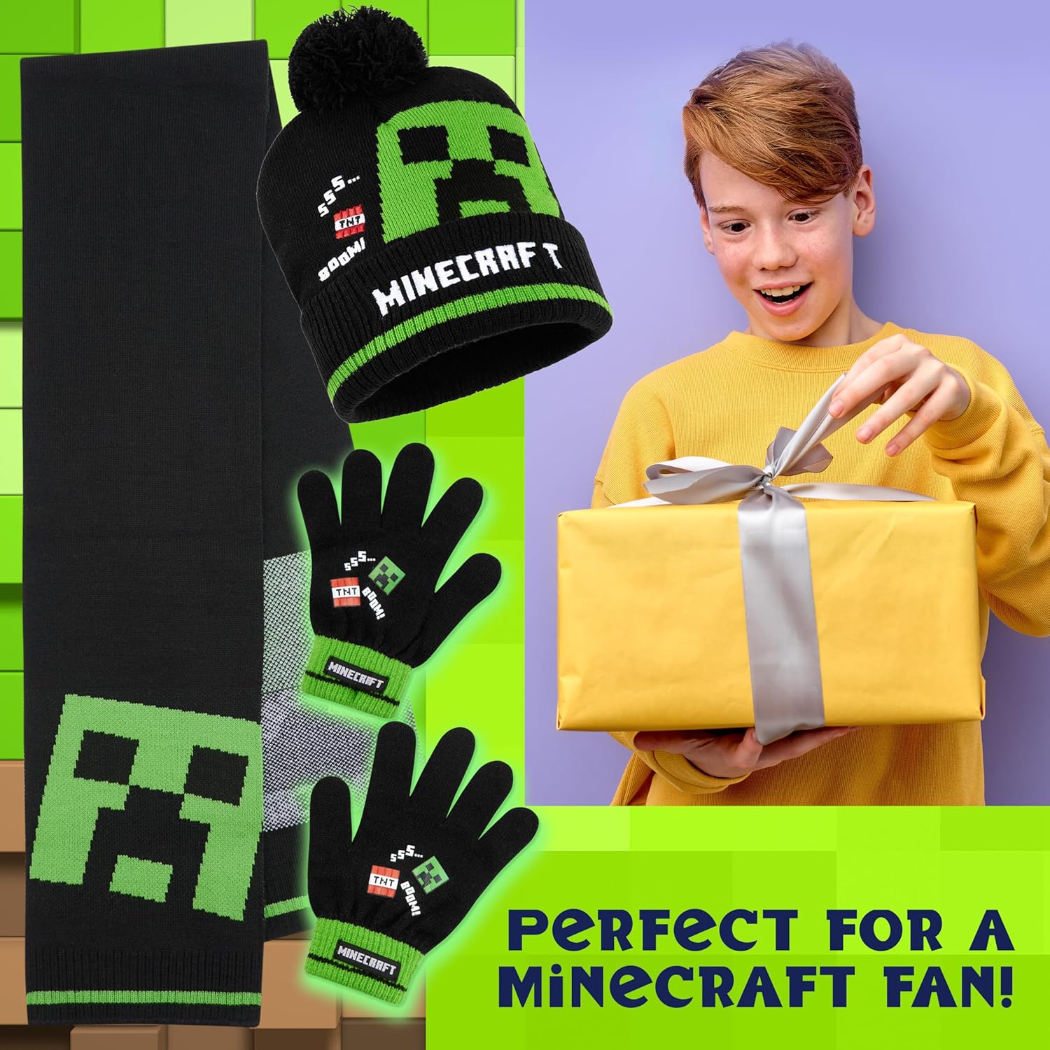 Ensemble hiver Minecraft enfant 3 pièces bonnet, écharpe et gants – Image 3