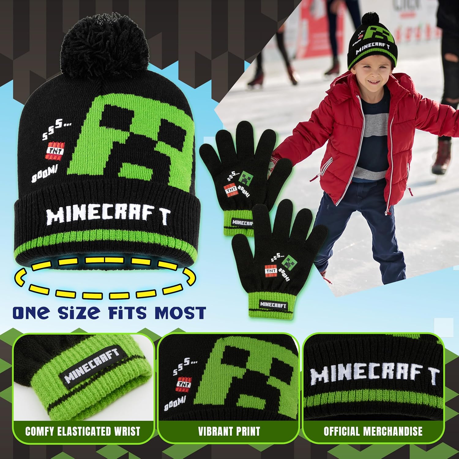 Ensemble hiver Minecraft enfant 3 pièces bonnet, écharpe et gants – Image 5