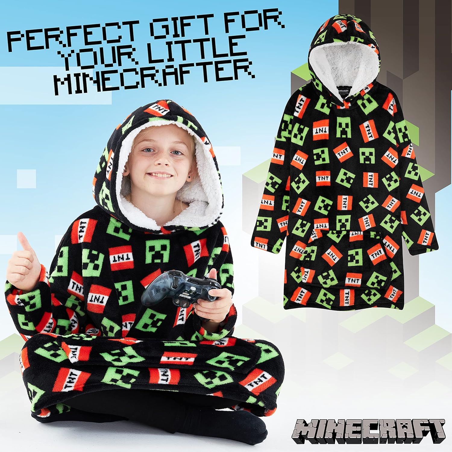 Sweat plaid à capuche Minecraft enfant en polaire, taille unique – Image 3