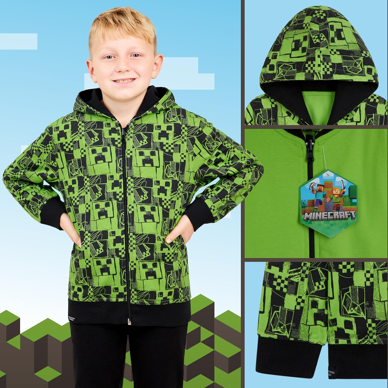 Hoodie zippé réversible Minecraft garçon à capuche 5-14 ans – Image 5