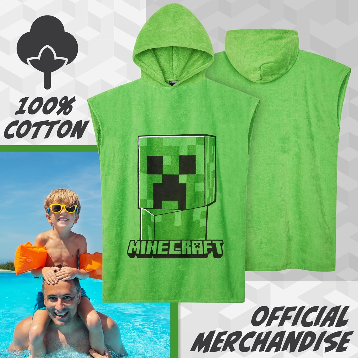 Poncho de bain Minecraft Creeper à capuche pour enfant et ado – Image 3
