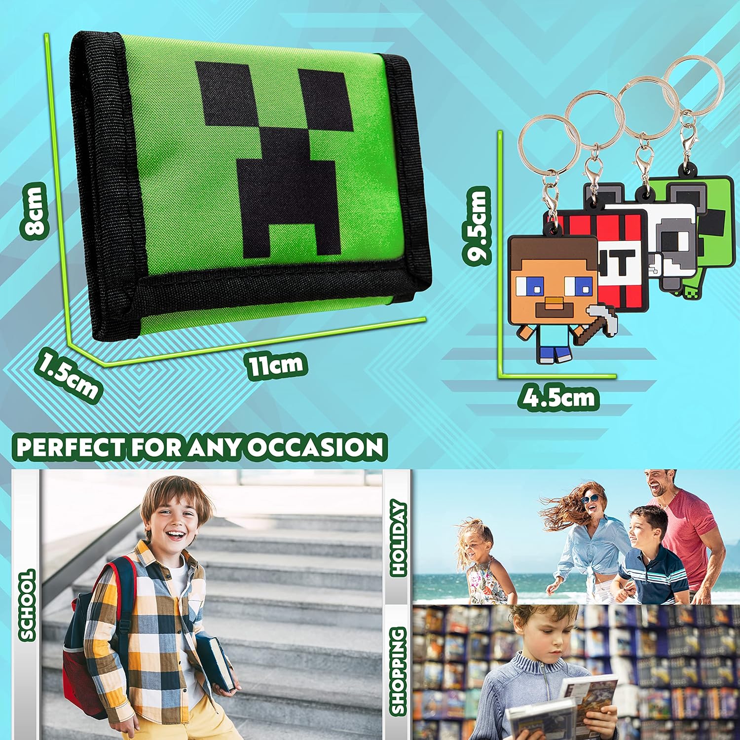 Portefeuille scratch Minecraft enfant avec 4 porte-clés Creeper Steve TNT – Image 5